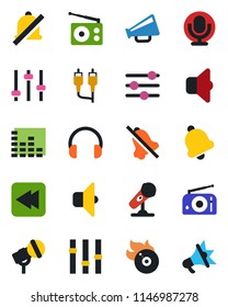 Color and black flat icon set - flame disk vector, microphone, radio, loudspeaker, settings, equalizer, headphones, rewind, rca, tuning, bell, mute, sound, advertising