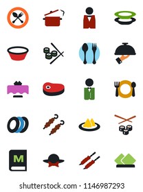 Color and black flat icon set - spoon and fork vector, waiter, restaurant table, serviette, cafe, menu, plates, dress code, steak, kebab, bowl, steaming pan, sushi