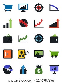 Color and black flat icon set - checkroom vector, growth statistic, money bag, crisis graph, monitor statistics, pie, hr, target, arrow up, wallet, cart, presentation
