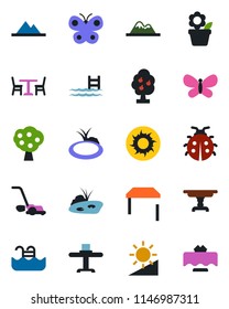 Color and black flat icon set - cafe vector, flower in pot, lawn mower, butterfly, lady bug, sun, pond, brightness, pool, fruit tree, mountains, table, restaurant