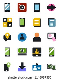 Color and black flat icon set - right arrow vector, mobile phone, identity card, document, tracking, cell, camera, user, download, application, home control app, cash