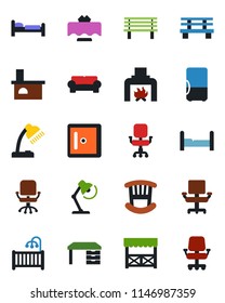 Color and black flat icon set - bed vector, checkroom, office chair, desk, bench, fireplace, lamp, bedroom, children room, cushioned furniture, restaurant table, alcove, fridge