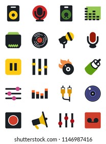 Color and black flat icon set - vinyl vector, flame disk, microphone, loudspeaker, settings, equalizer, speaker, pause button, rca, hdmi, tuning, record
