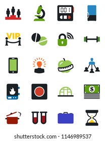 Color and black flat icon set - mobile phone vector, case, pedestal, greenhouse, blood test vial, microscope, pills, barbell, diet, stopwatch, record, hierarchy, fridge, vip zone, steaming pan, cash
