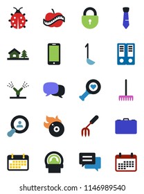 Color and black flat icon set - lock vector, mobile phone, case, office binder, garden fork, rake, lady bug, heart diagnostic, tomography, diet, term, flame disk, message, tie, house with tree