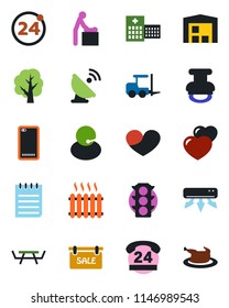 Color and black flat icon set - 24 around vector, baby room, fork loader, notepad, tree, picnic table, hospital, traffic light, hours, support, satellite antenna, heart, phone back, stamp, warehouse