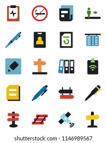 Color and black flat icon set - escalator vector, no smoking, signpost, flight table, pen, document, reload, pulse clipboard, satellite, notes, news, identity card, paper binder, tray, pass