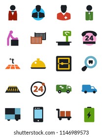 Color and black flat icon set - 24 around vector, baby room, doctor, hours, client, cargo container, car delivery, consolidated, heavy scales, search, cell phone, scanner, moving, waiter, dish