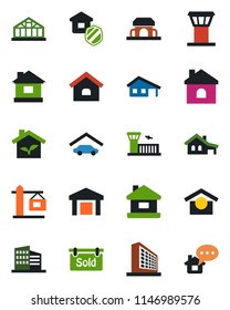 Color and black flat icon set - airport tower vector, building, office, house, greenhouse, warehouse storage, with garage, sold signboard, crane, estate insurance, cafe, eco, home message