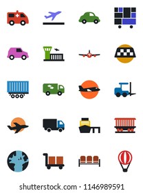 Color and black flat icon set - taxi vector, departure, waiting area, fork loader, plane, airport building, ambulance car, earth, railroad, truck trailer, delivery, sea port, consolidated cargo