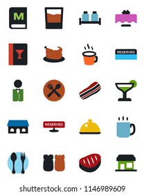 Color and black flat icon set - spoon and fork vector, coffee, waiter, dish, restaurant table, cafe, wine card, menu, reserved, drink, cocktail, bacon, salt pepper, building, chicken, steak