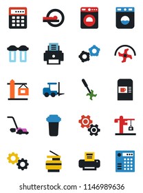 Color and black flat icon set - coffee machine vector, washer, fork loader, gear, ripper, lawn mower, tomography, printer, copier, crane, water filter, combination lock