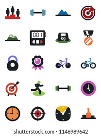 Color and black flat icon set - pedestal vector, medal, barbell, bike, run, heavy, clock, stopwatch, target, mountains