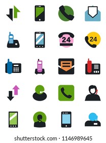 Color and black flat icon set - mobile phone vector, office, 24 hours, support, cell, radio, mail, call, data exchange