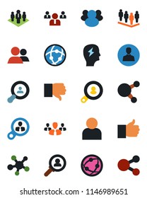 Color and black flat icon set - team vector, brainstorm, network, share, group, finger up, down, user, company, client search, consumer, social media