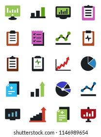 Color and black flat icon set - growth statistic vector, monitor, diagnosis, pulse clipboard, statistics, bar graph, pie, checklist, point, presentation