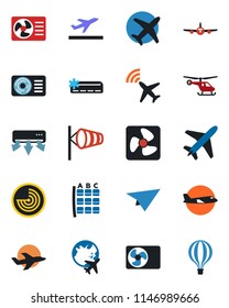 Color and black flat icon set - plane vector, radar, departure, wind, helicopter, seat map, globe, air conditioner, fan, paper, balloon