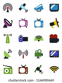 Color and black flat icon set - antenna vector, satellite, radio, loudspeaker, tv, video camera, wireless