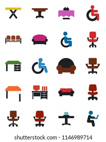 Color and black flat icon set - waiting area vector, disabled, office chair, desk, picnic table, cushioned furniture, restaurant, man with notebook