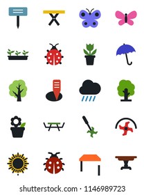 Color and black flat icon set - umbrella vector, sun, flower in pot, ripper, tree, butterfly, lady bug, seedling, rain, plant label, picnic table