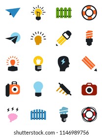 Color and black flat icon set - brainstorm vector, bulb, camera, pencil, fence, rolling pin, energy saving, shining head, idea, paper plane, crisis management
