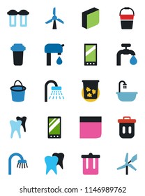 Color and black flat icon set - trash bin vector, shower, bucket, tooth, mobile, blank box, water supply, bathroom, filter, windmill