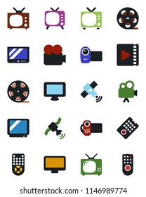 Color and black flat icon set - tv vector, reel, satellite, video camera, remote control, monitor