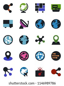 Color and black flat icon set - satellite antenna vector, bomb in case, globe, plane, earth, pin, consolidated cargo, network, share, news, social media