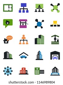 Color and black flat icon set - hierarchy vector, well, molecule, hospital, office building, garage, plan, home message