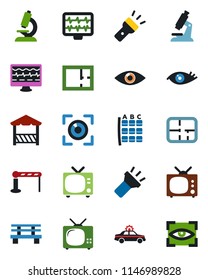 Color and black flat icon set - barrier vector, tv, alarm car, seat map, bench, monitor pulse, microscope, eye, torch, plan, alcove, scan