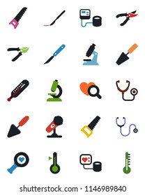 Color and black flat icon set - trowel vector, pruner, saw, stethoscope, blood pressure, thermometer, heart diagnostic, microscope, scalpel, microphone