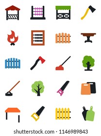 Color and black flat icon set - fence vector, tree, saw, fire, hoe, axe, abacus, table, alcove, cutting board