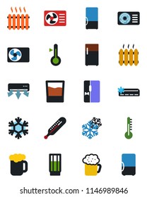 Color and black flat icon set - thermometer vector, heater, air conditioner, fridge, drink, beer, snowflake