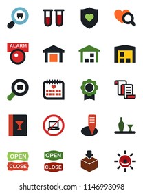Color and black flat icon set - no laptop vector, contract, plant label, blood test vial, heart diagnostic, shield, medical calendar, warehouse, package, search cargo, sertificate, alcohol