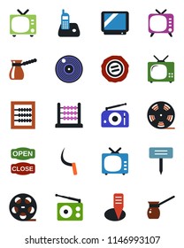 Color and black flat icon set - tv vector, stamp, sickle, plant label, reel, vinyl, radio, phone, abacus, open close, turkish coffee