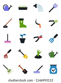 Color and black flat icon set - job vector, garden fork, farm, rake, seedling, watering can, sproute, pruner, boot, hoe, sickle, fertilizer