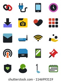 Color and black flat icon set - heart shield vector, support, cell phone, chain, mobile, menu, clock, mail, download, photo gallery, drawing pin, archive box, wireless, ladle, power plug, router