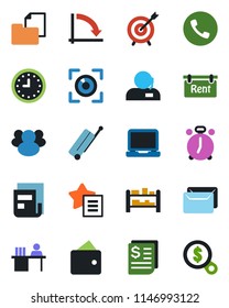 Color and black flat icon set - suitcase vector, alarm clock, phone, crisis graph, receipt, folder document, rack, laptop pc, group, favorites list, news, support, manager desk, mail, rent, eye scan