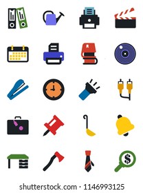 Color and black flat icon set - suitcase vector, office binder, desk, printer, watering can, axe, clock, term, clapboard, vinyl, rca, bell, torch, drawing pin, tie, book, stapler, ladle