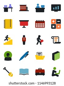 Color and black flat icon set - manager vector, book, calculator, pen, notepad, presentation board, place, calendar, job, statistic monitor, case, document folder, blank box, support, desk, contract