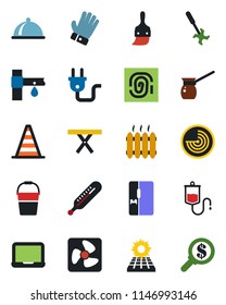 Color and black flat icon set - border cone vector, radar, notebook pc, bucket, glove, picnic table, drip irrigation, ripper, dropper, thermometer, themes, sun panel, heater, fridge, dish, fan