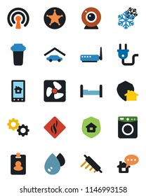 Color and black flat icon set - garage vector, bedroom, estate insurance, rolling pin, power plug, fan, wireless, router, web camera, snowflake, home control app, gear, water, filter, washer, police