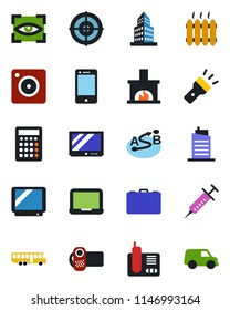 Color and black flat icon set - airport bus vector, case, notebook pc, syringe, route, tv, video camera, cell phone, radio, mobile, torch, office building, target, fireplace, heater, city house, car