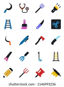 Color and black flat icon set - pen vector, pencil, garden fork, farm, ladder, saw, sickle, knife, axe, stethoscope, themes, torch, cut, drawing pin, ladle, rolling