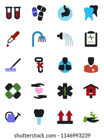 Color and black flat icon set - rake vector, watering can, bird house, blood test vial, dropper, pills, patch, ambulance star, heart hand, stomach, tooth, implant, pulse clipboard, doctor, client
