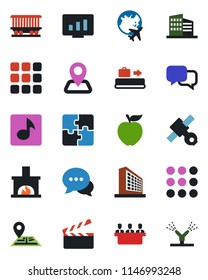 Color and black flat icon set - baggage conveyor vector, plane globe, office building, statistic monitor, navigation, railroad, satellite, clapboard, dialog, menu, music, application, meeting