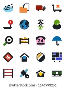 Color and black flat icon set - earth vector, satellite, traffic light, 24 hours, support, car delivery, consolidated cargo, folder document, umbrella, warehouse storage, no trolley, shield, search