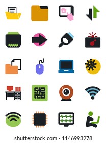 Color and black flat icon set - bomb in case vector, right arrow, mouse, desk, monitor pulse, virus, folder document, laptop pc, hdmi, data exchange, wireless, chip, web camera, home control app