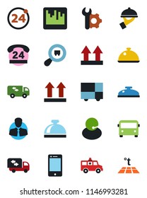 Color and black flat icon set - airport bus vector, 24 around, reception bell, ambulance car, hours, support, client, consolidated cargo, up side sign, search, cell phone, scanner, root setup, dish