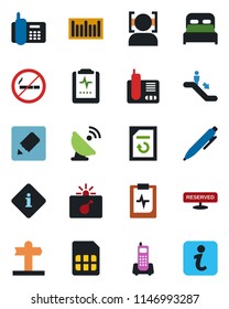 Color and black flat icon set - escalator vector, no smoking, bomb in case, pen, document reload, pulse clipboard, signpost, office phone, barcode, satellite antenna, radio, sim, notes, face id